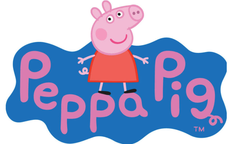 A pink piglet cartoon with the words Peppa Pig